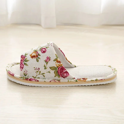 Four Season Linen Home Slippers Women Autumn Indoor Casual Floral Slides Couples House Non-slip Sandals Adults Cartoon Cat Shoes
