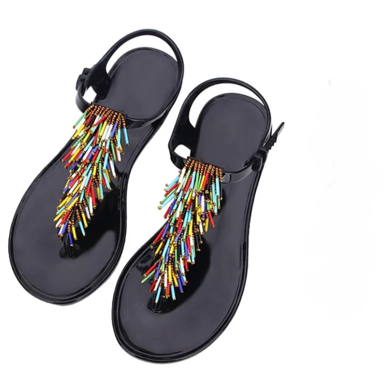 Women's Shoes Flip-flops Sandals for Woman Black Footwear Plastic with Low Heels Summer 2025 Crystal Pvc Wholesale Luxury Sale H