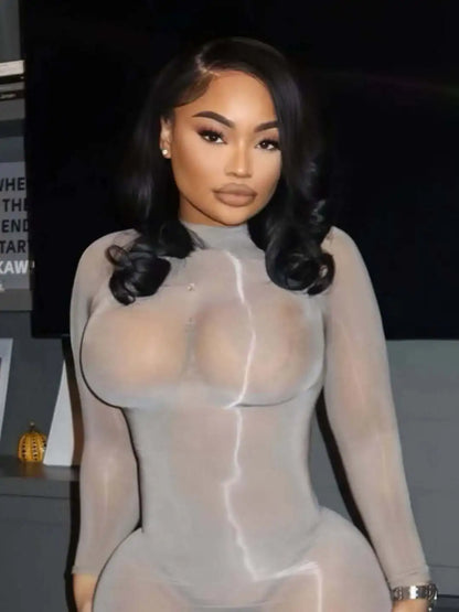 Sexy Oli Play Bodysuit Bodycon Jumpsuit Women Mesh Black See-through Outfit 2026 Spring New Ventilate Skinny Bodycon Club Skirt