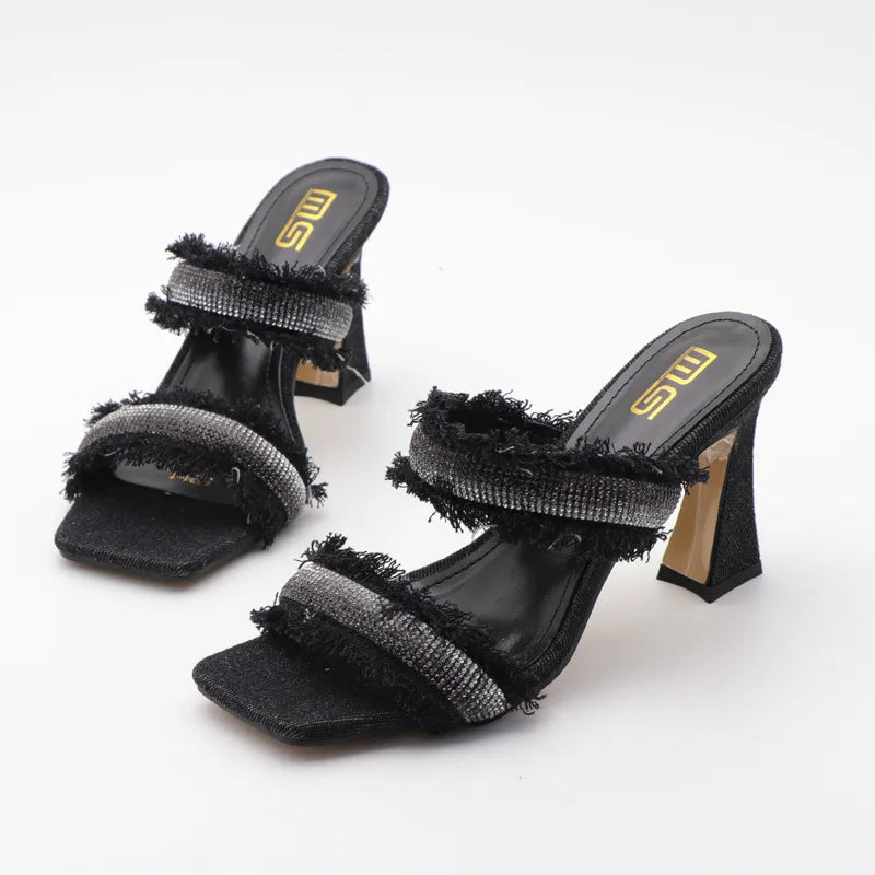 Denim women slippers 2025 new rhinestone plush stiletto heels women outdoor fashion women's slippers Luxury elegant women shoes