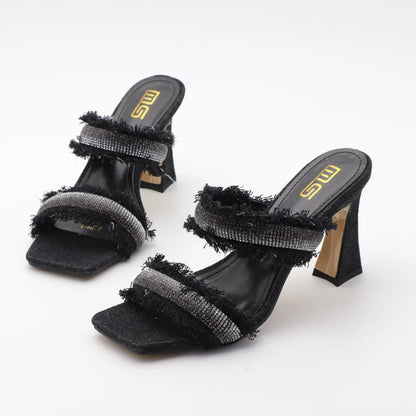 Denim women slippers 2025 new rhinestone plush stiletto heels women outdoor fashion women's slippers Luxury elegant women shoes