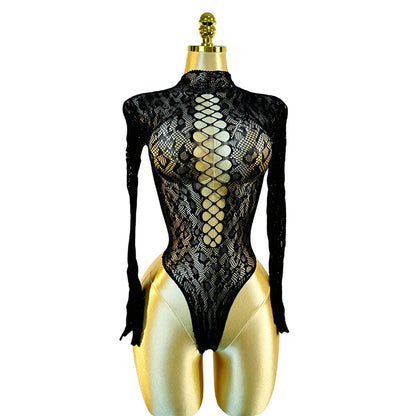 1PC Sexy Cover Up Women Bodysuit Long Sleeves Jumpsuit See Through Hollow Out  For Music festival Bodystocking W684