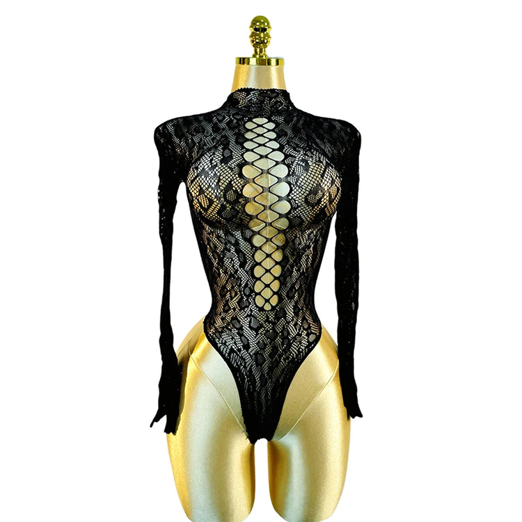 1PC Sexy Cover Up Women Bodysuit Long Sleeves Jumpsuit See Through Hollow Out  For Music festival Bodystocking W684