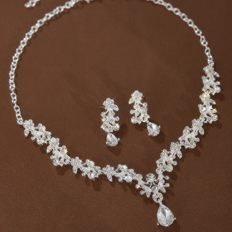 Fashion Bridal Jewelry Wedding Accessories Zircon Rhinestone Set Wedding Banquet Party Versatile Luxury Women's Necklace Earring