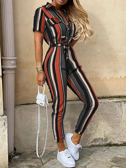 2025 New Women's Jumpsuit Casual Workwear Summer Romper with Print Button-up Lapel Waist Belt Slim Fit One Piece Pants Set Fashi