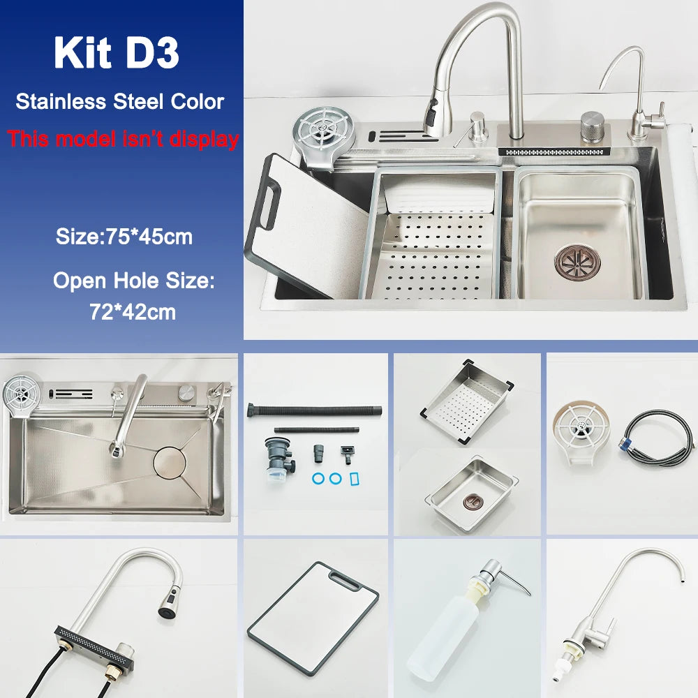 Stainless Steel Kitchen Sink with Faucet Digital Display Large Single Bowl Waterfall Rain 5 Functions System Dish Basin Sink