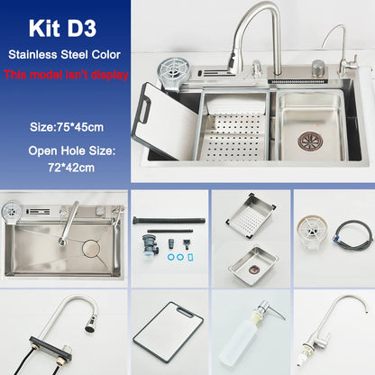 Stainless Steel Kitchen Sink with Faucet Digital Display Large Single Bowl Waterfall Rain 5 Functions System Dish Basin Sink