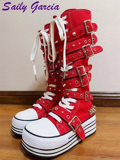 Festival Rave Orange Platform Boots Punk Rivet Buckle Straps Knee High Boots 2026 Fashion Thick Sole Women Shoes Party Footwear