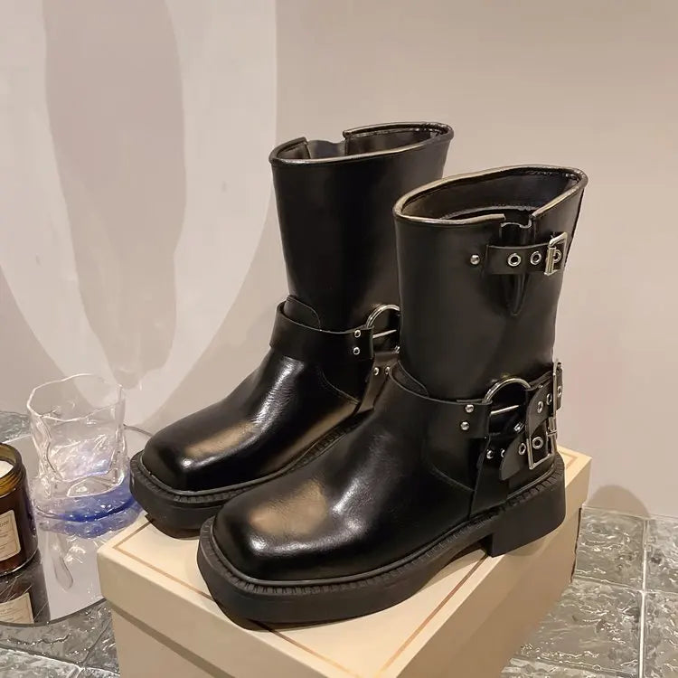 Women's Ankle Boots Autumn Work Fashion Elegant Punk New in Black Luxury Low Heel Round Toe Leather Dropshipping Center Footwear