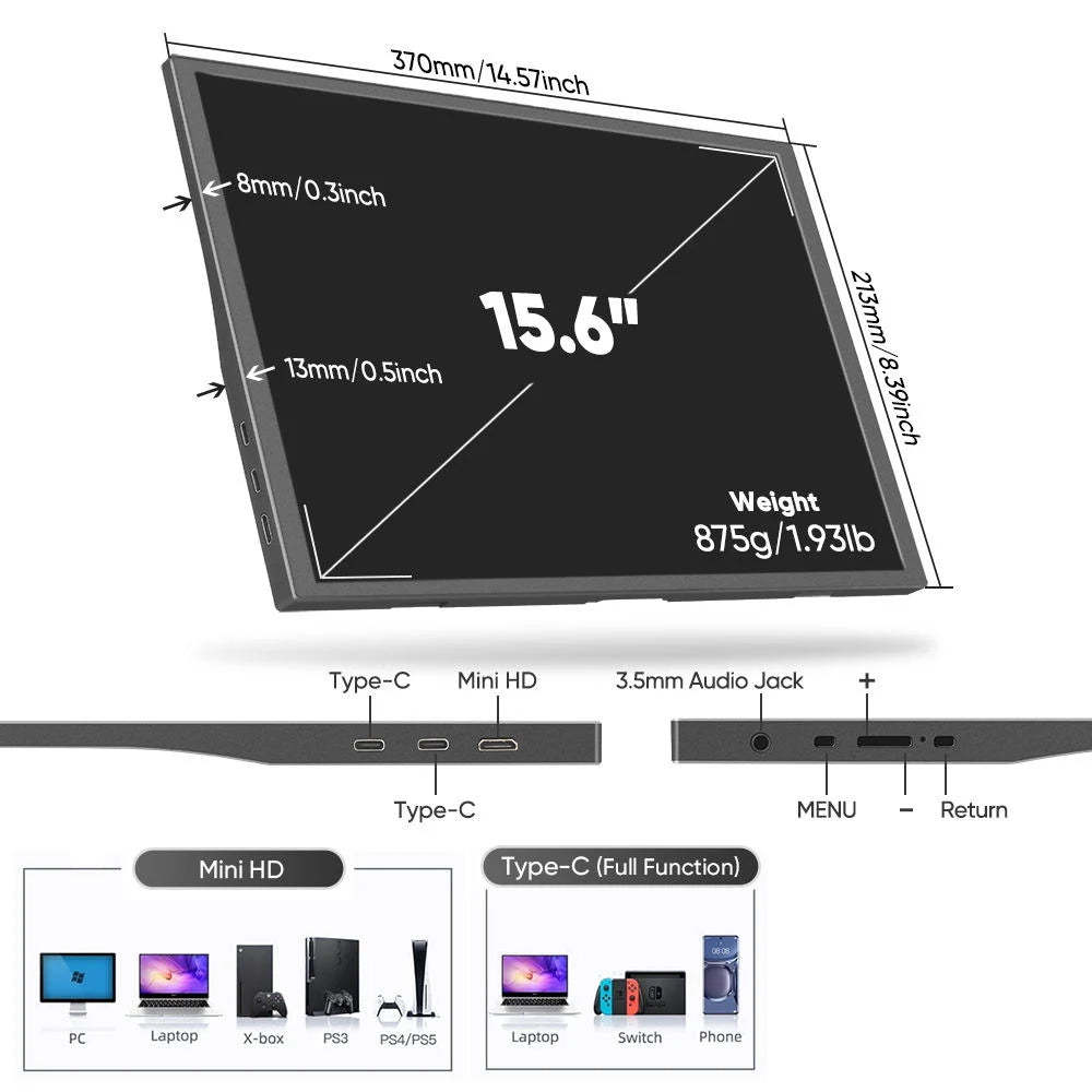 AHXJKA 15.6”Portable Monitors Game Screen HD Computer Expand  Laptop Second Display Speaker For XBox PS4/5 Switch With Speaker