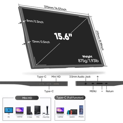 AHXJKA 15.6”Portable Monitors Game Screen HD Computer Expand  Laptop Second Display Speaker For XBox PS4/5 Switch With Speaker