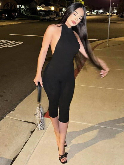 Dulzura Women'S Halter Sleeveless Backless Ribbed Single Breasted Jumpsuit Solid Sexy Casual Romper Party Club Street Clothes