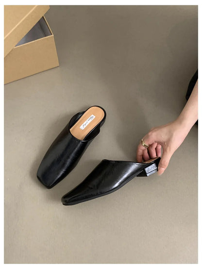 Fashion Square Toe Flat Slippers Women Casual Slip On Mule Luxury Brand Outsides Slides Elegant Pleated Ladies Shoes Sandal Flip