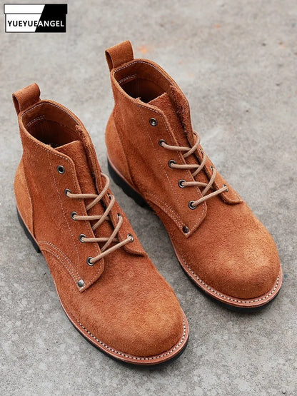 Vintage Handmade Genuine Leather Boots Male Lace Up Outside High Top Shoes Round Toe Mens Suede Cowskin Motorcycle Short Boots