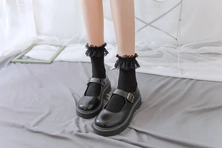 Women's Japanese Lolita JK Ankle Socks Kawaii Cotton with Lace Trim - Cute White/Black Crew Socks for Girls Cosplay Casual Wear