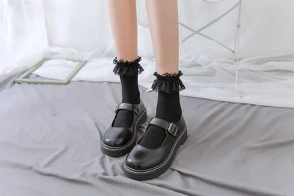 Women's Japanese Lolita JK Ankle Socks Kawaii Cotton with Lace Trim - Cute White/Black Crew Socks for Girls Cosplay Casual Wear