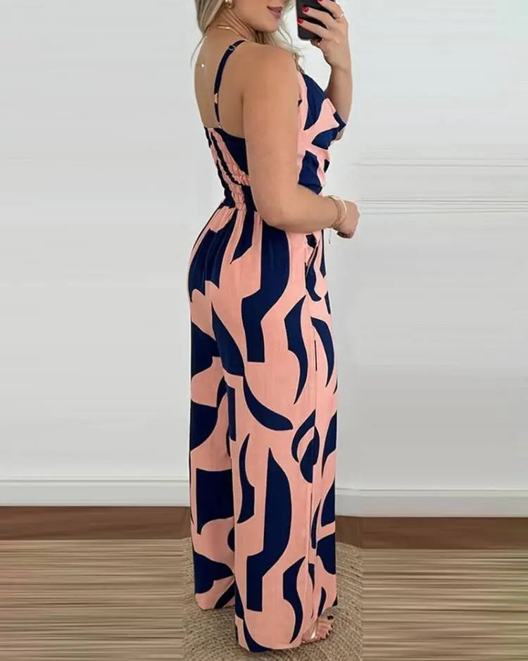 Women's Jumpsuit 2024 Summer Fashion Print Temperament Commuting Elegant Overalls Sleeveless V-neck Open Back Wide Leg Jumpsuits