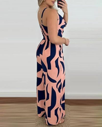 Women's Jumpsuit 2024 Summer Fashion Print Temperament Commuting Elegant Overalls Sleeveless V-neck Open Back Wide Leg Jumpsuits