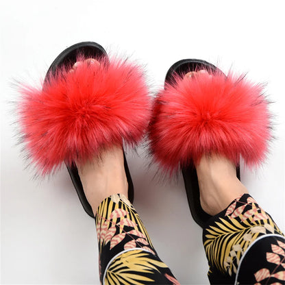 Women's Summer Faux Fur Fox Fur Slippers Fashion Luxury Indoor and Outdoor Non-Slip Solid Color Flat Bottom Furry Sandals