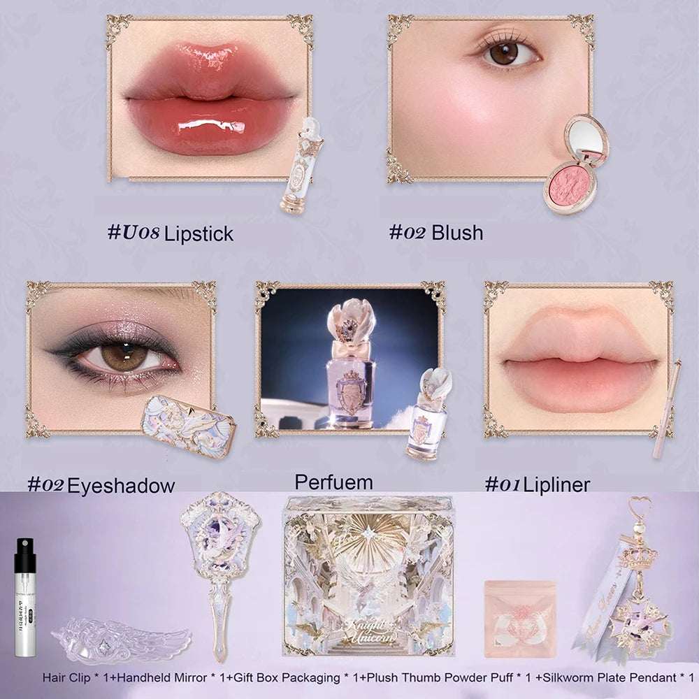 Flower Knows Knight Unicorn Collection Makeup Gift Set Perfumes Lipstick Blush Cloud Setting Powder Eye Shadow Cosmetics Kit