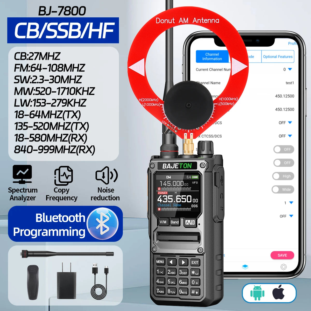BAJETON BJ-7800 Walkie Talkie Long Range SW MW LW AM SSB CB 10W Receive Wireless Bluetooth Phone Programming NOAA Two Way Radio