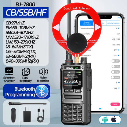 BAJETON BJ-7800 Walkie Talkie Long Range SW MW LW AM SSB CB 10W Receive Wireless Bluetooth Phone Programming NOAA Two Way Radio