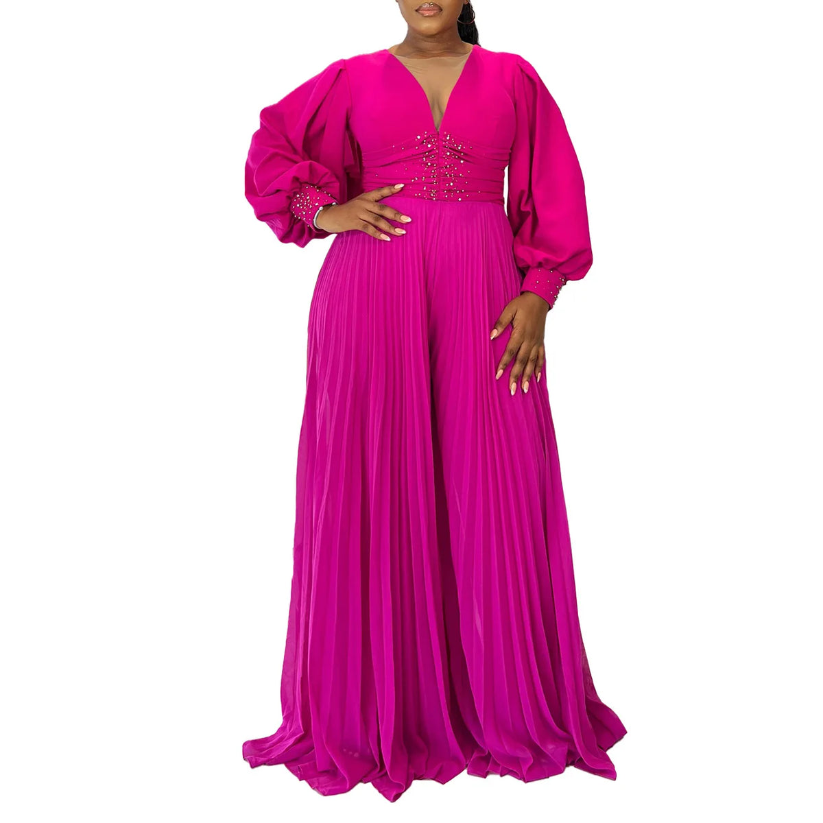 CM.YAYA Women Diamonds Long Sleeve Pleated V-neck Wide Leg Long Jumpsuits Party Beach Fashion Street Sexy Africa Outfit Rompers