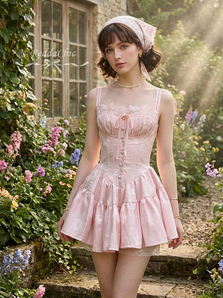 ReddaChic Summer Mini Pink Dress Floral Satin Rompers Cutecore Lace Stitch Spaghetti Strap Corset Dress Coquette Women Clothes