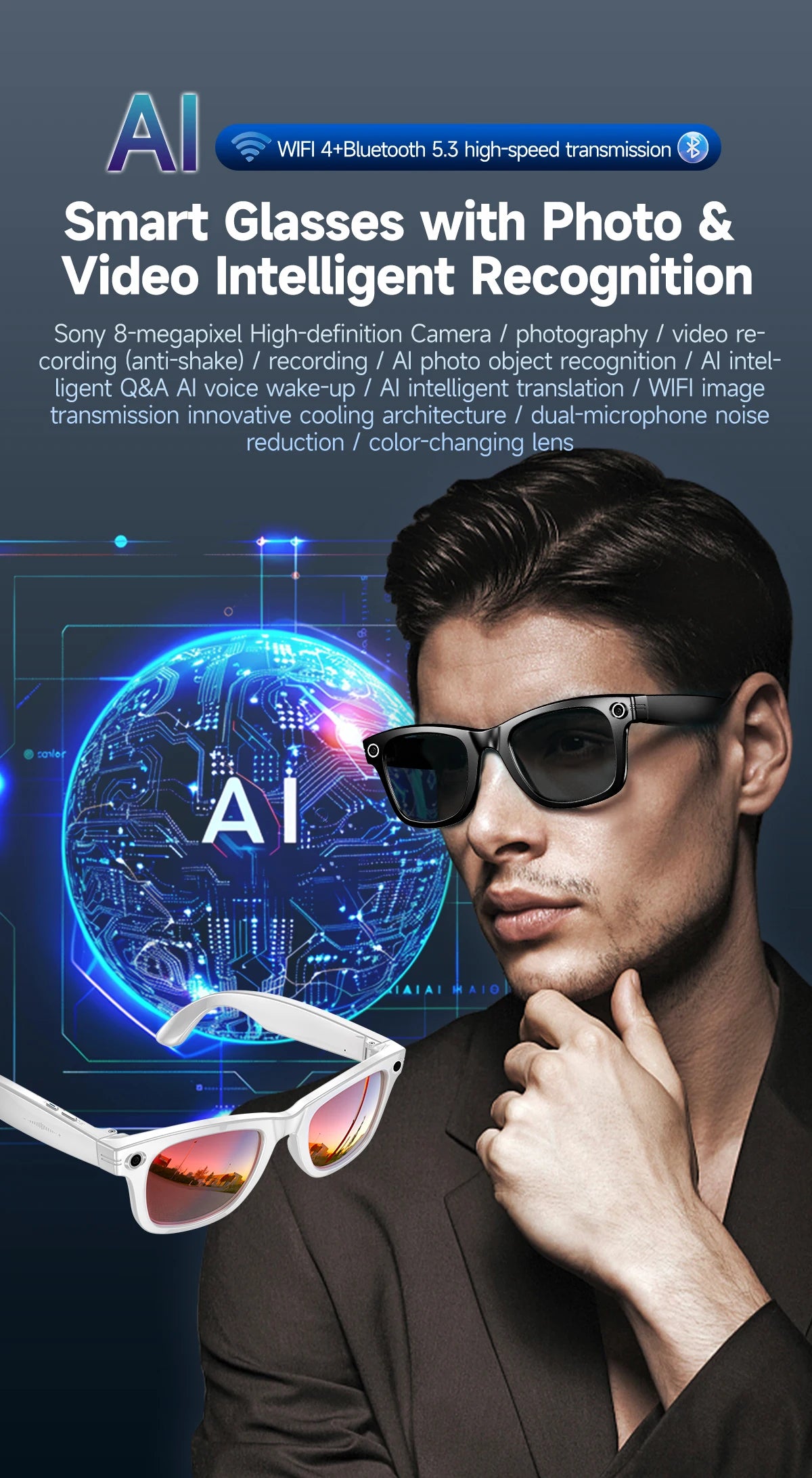 AI Smart Glasses 800W Anti Shake HD Camera Video Recording Languages Translation Sunglasses Bluetooth Call Music Play Man Women