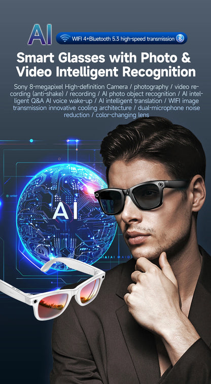 AI Smart Glasses 800W Anti Shake HD Camera Video Recording Languages Translation Sunglasses Bluetooth Call Music Play Man Women