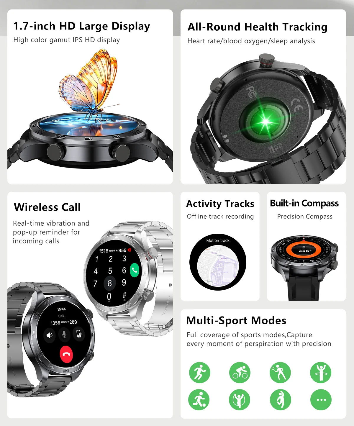 2026 new business men's smart watch 1000 mAh battery with compass altitude pressure IPX8 waterproof call sports health watch