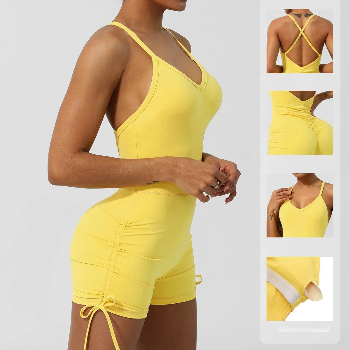 Sexy V Back Scrunch Sports Jumpsuit Women Yoga Rompers Hollow Out Cross Backless Slim Fit Drawstring Side Tight One-Piece Suit