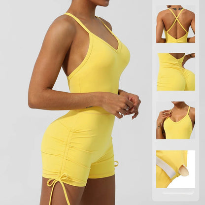 Sexy V Back Scrunch Sports Jumpsuit Women Yoga Rompers Hollow Out Cross Backless Slim Fit Drawstring Side Tight One-Piece Suit