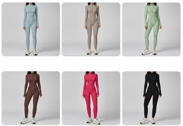 Women's New Sports Bodysuits Fitness Jumpsuit Slim Zipper Neck Sexy Splice Elasticity Jumpsuit Female Gym One Piece Sportswear