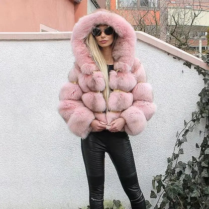Fashion Winter Women Imitation Fox Fur Jacket Hooded Loose Long Sleeves Female Eco Fur Coat Patchwork Plush Thick Lady Fur Coat