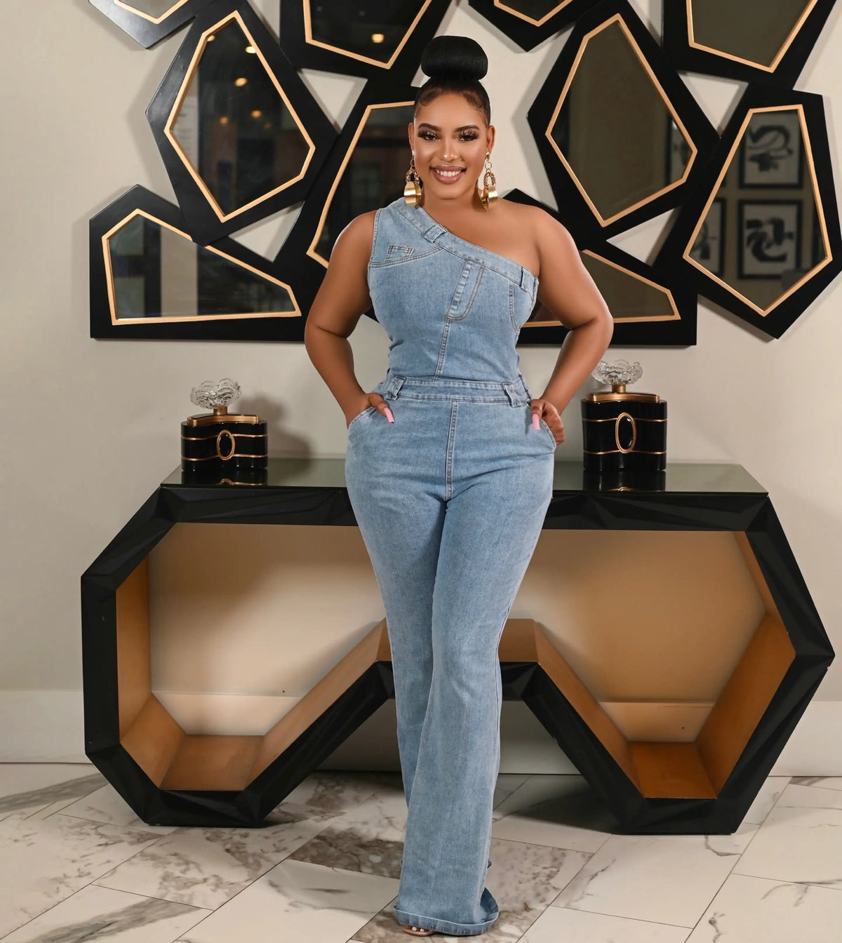 High Street Jeans Stretch Romper Sexy Women One Shoulder Elegant Denim Casual Romper Overalls