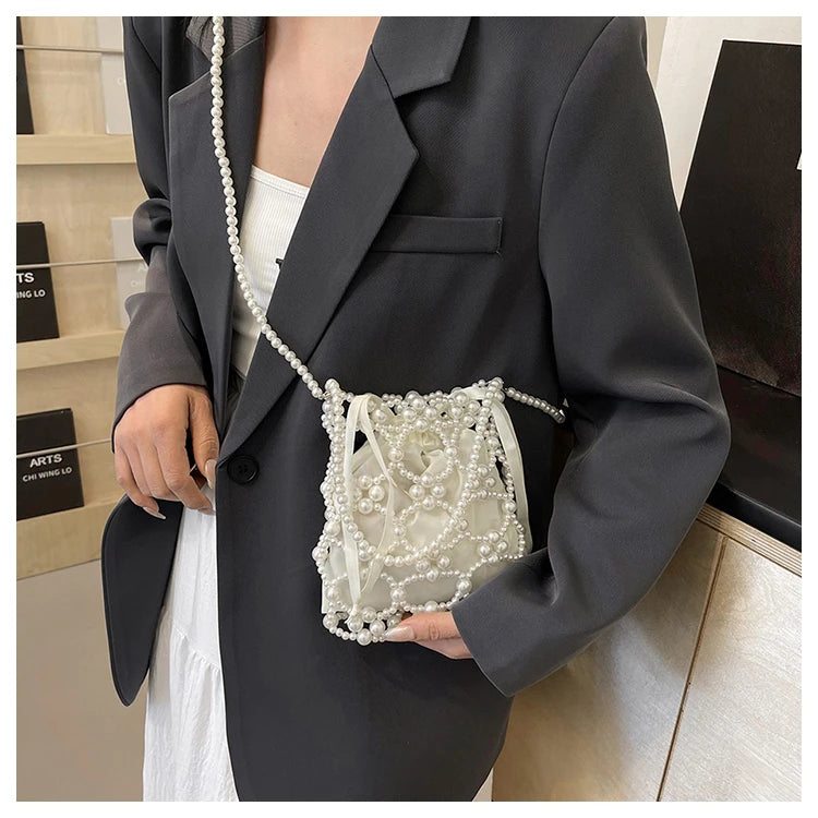 White Beading Bucket Shoulder and Crossbody Bags Exquisite Sense of Luxury Fresh Party Handbags for Women 2024 Fashion on Sale
