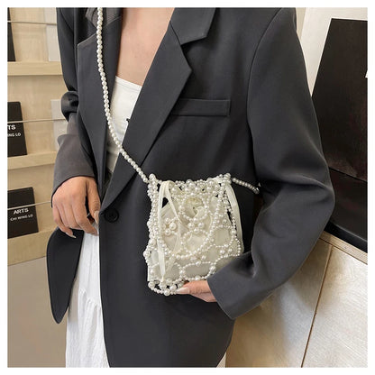 White Beading Bucket Shoulder and Crossbody Bags Exquisite Sense of Luxury Fresh Party Handbags for Women 2024 Fashion on Sale
