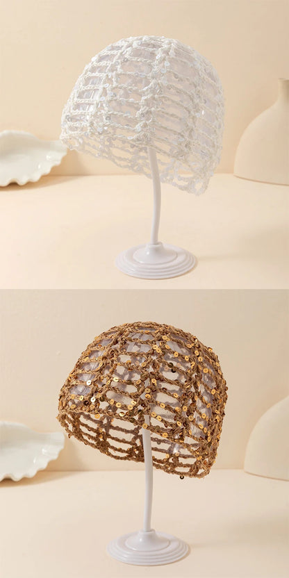 Fashion Vintage Sequined Hollow Pullover Hats Women Spring Summer Travel Photo Atmosphere Versatile Y2K Knit Beanie Hat Girl