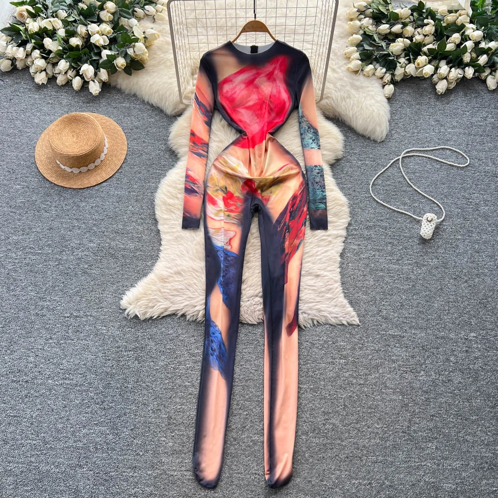 Foamlina 2025 Autumn New Fashion Print Bodysuit European Women's Sexy Hot Girl Slim Fit Flattering Long Sleeve Tight Jumpsuit