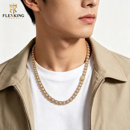FLEXKING 5mm VVS1 Moissanite Square Tennis Necklace Brass Full Iced Out Chain Men Luxury Hip Hop Streetwear Bling Jewelry
