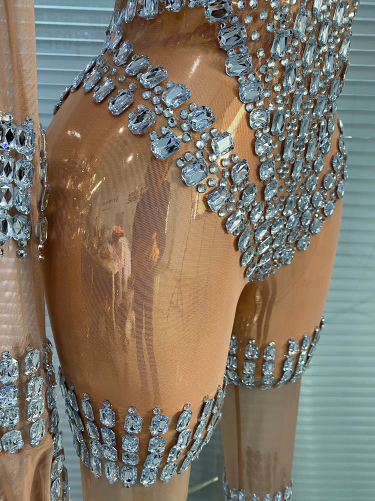 Club Outfits Woman 2026 Sparkly Crystal Sheer Transparent Jumpsuits Masquerade Costume Dress Carnival Parade Festival Catsuit