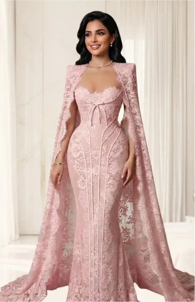Customized Lace Mermaid Evening Dress with Cape Sweetheart Neckline Corset Formal Gown Dubai Wedding Guest Attire