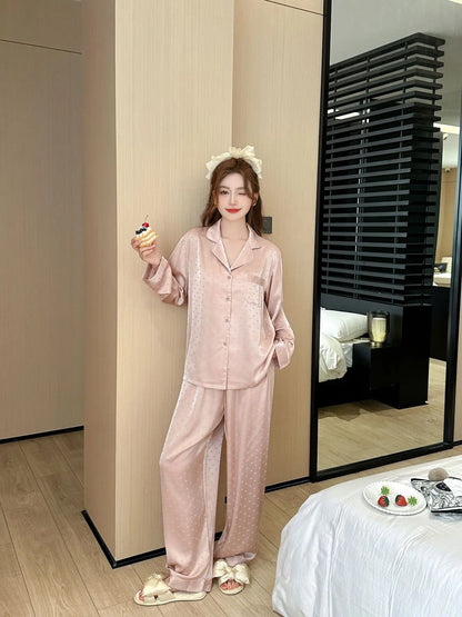 Women's New Arrival Silk-Feel Ice-Silk Lightweight Long-Sleeve Pajama Set Two-Piece Comfortable Homewear Suit