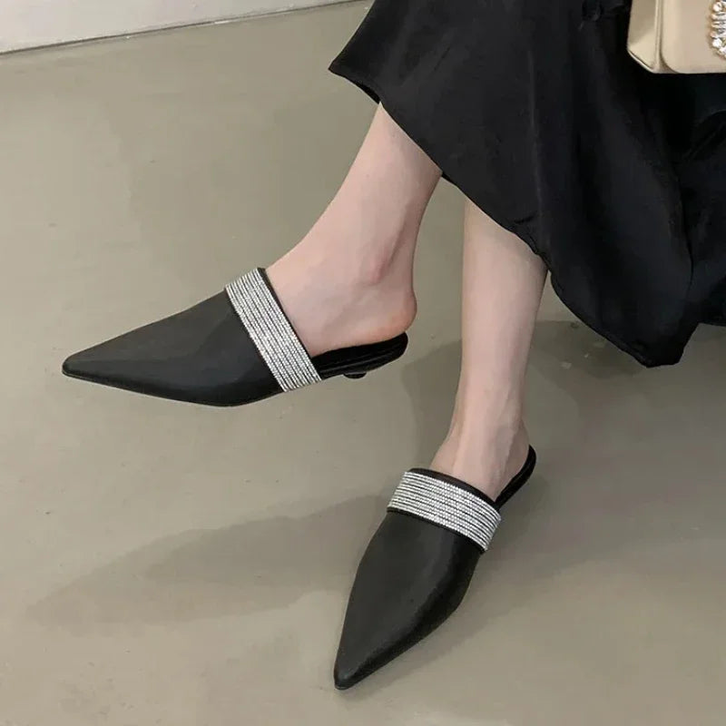 Pointy Toe Mules Women Slides Sandals Luxury Rhinestones Dress Shoes Summer 2025 Low Heel Gold Designer Slippers Ladies Pumps