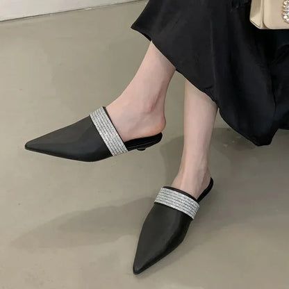Pointy Toe Mules Women Slides Sandals Luxury Rhinestones Dress Shoes Summer 2025 Low Heel Gold Designer Slippers Ladies Pumps