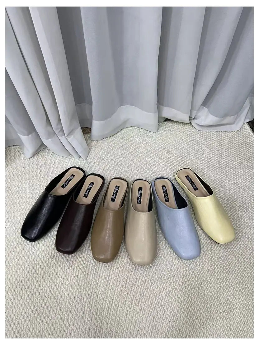 Fashion Square Toe Flat Slippers Women Casual Slip On Mule Luxury Brand Outsides Slides Elegant Pleated Ladies Shoes Sandal Flip