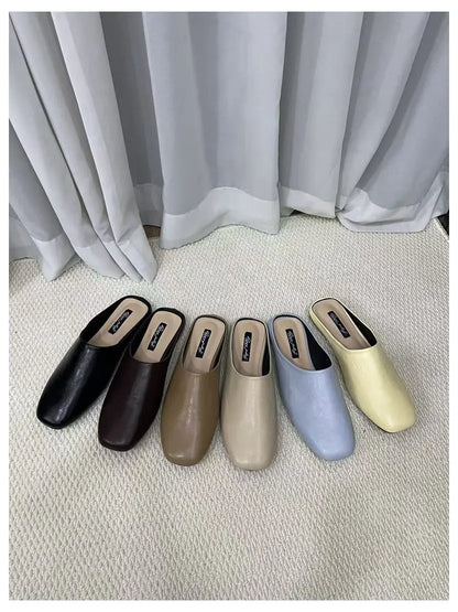 Fashion Square Toe Flat Slippers Women Casual Slip On Mule Luxury Brand Outsides Slides Elegant Pleated Ladies Shoes Sandal Flip