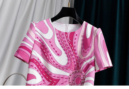 Women Pink Printed Beaded Dress Short Sleeve Round Neck a Line Elegant Summer Fashion Luxury Party Embroidered Chic Midi Dress