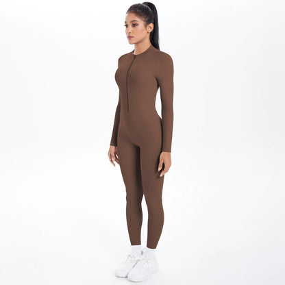 Solid Color Bodysuits for Woman's Backless Long Sleeved Zipper Yoga Jumpsuits High Dtrength Workout Sports Fitness Clothing Set